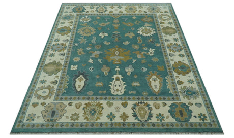 Ollie Custom Made Teal, Ivory and Olive Hand Knotted Oushak Wool Rug