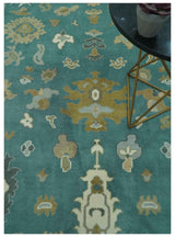Ollie Custom Made Teal, Ivory and Olive Hand Knotted Oushak Wool Rug