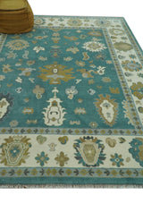 Ollie Custom Made Teal, Ivory and Olive Hand Knotted Oushak Wool Rug