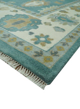 Ollie Custom Made Teal, Ivory and Olive Hand Knotted Oushak Wool Rug