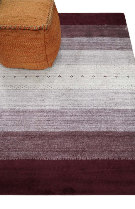 Ombre Purple and Ivory 5x7 Striped Wool and Bamboo Silk Hand Knotted Rug