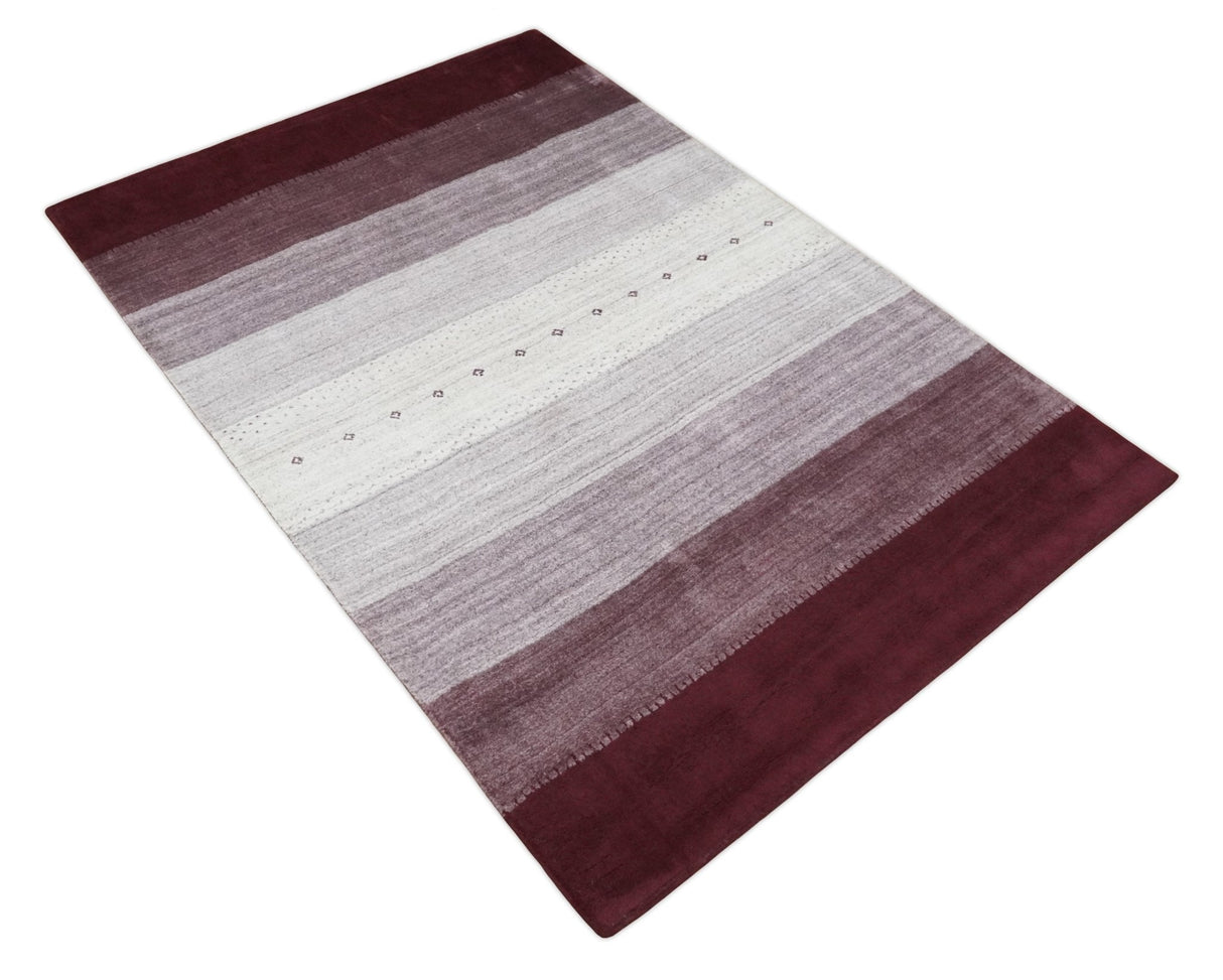 Ombre Purple and Ivory 5x7 Striped Wool and Bamboo Silk Hand Knotted Rug
