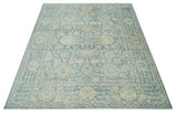 One of a Kind 8x10 Hand Knotted Blue and Beige Antique Traditional Low Pile wool Area Rug
