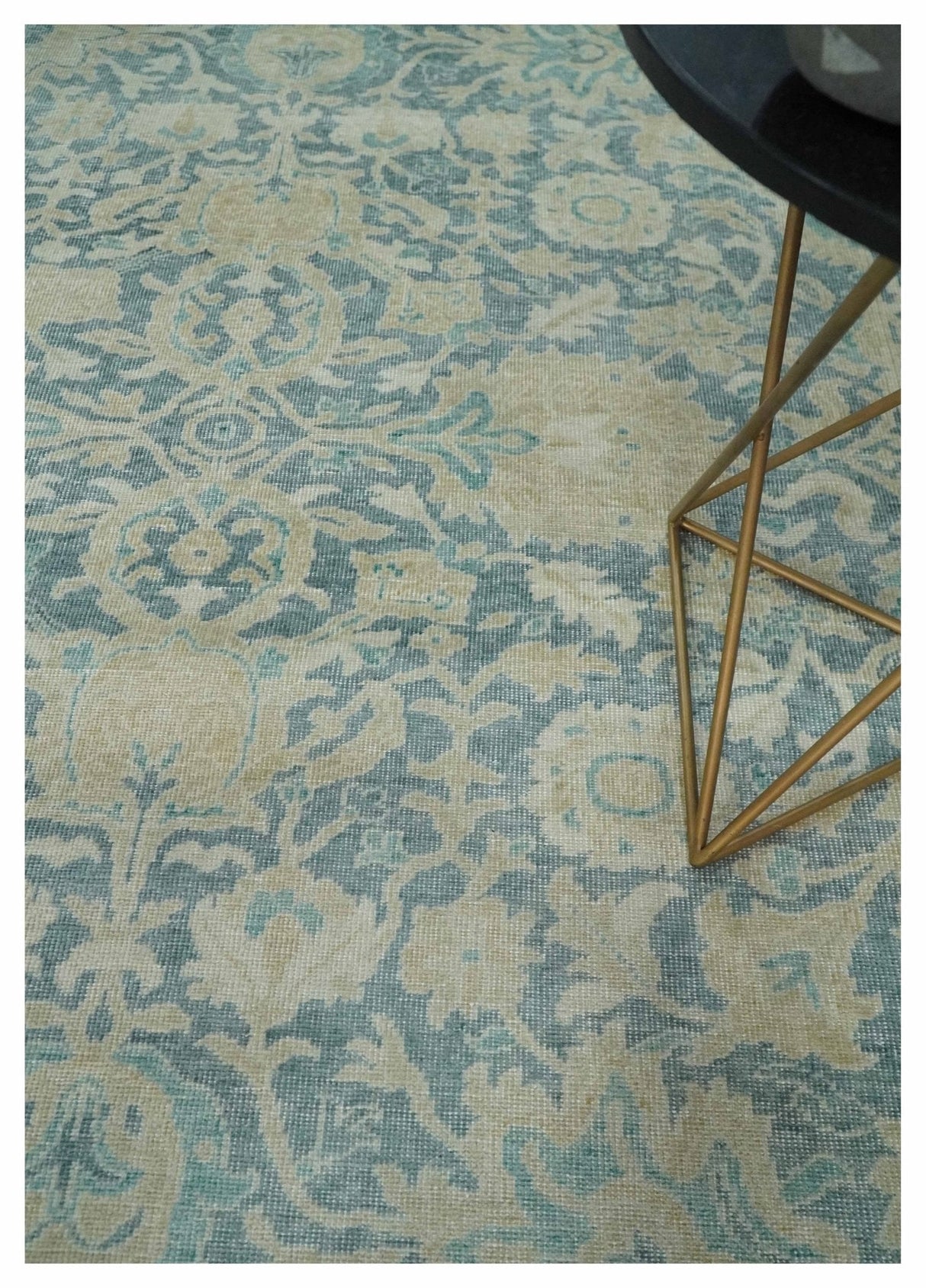 One of a Kind 8x10 Hand Knotted Blue and Beige Antique Traditional Low Pile wool Area Rug