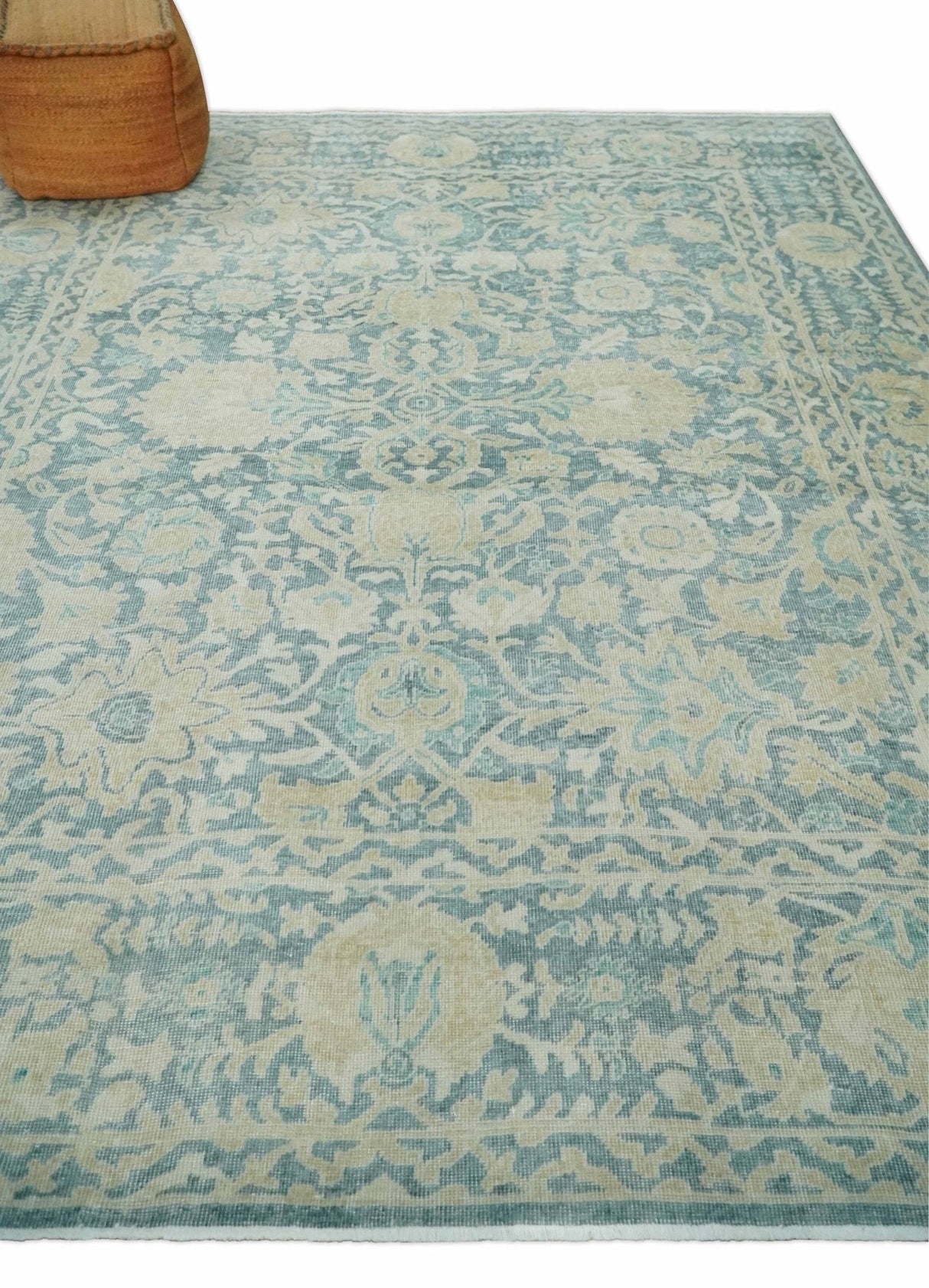 One of a Kind 8x10 Hand Knotted Blue and Beige Antique Traditional Low Pile wool Area Rug