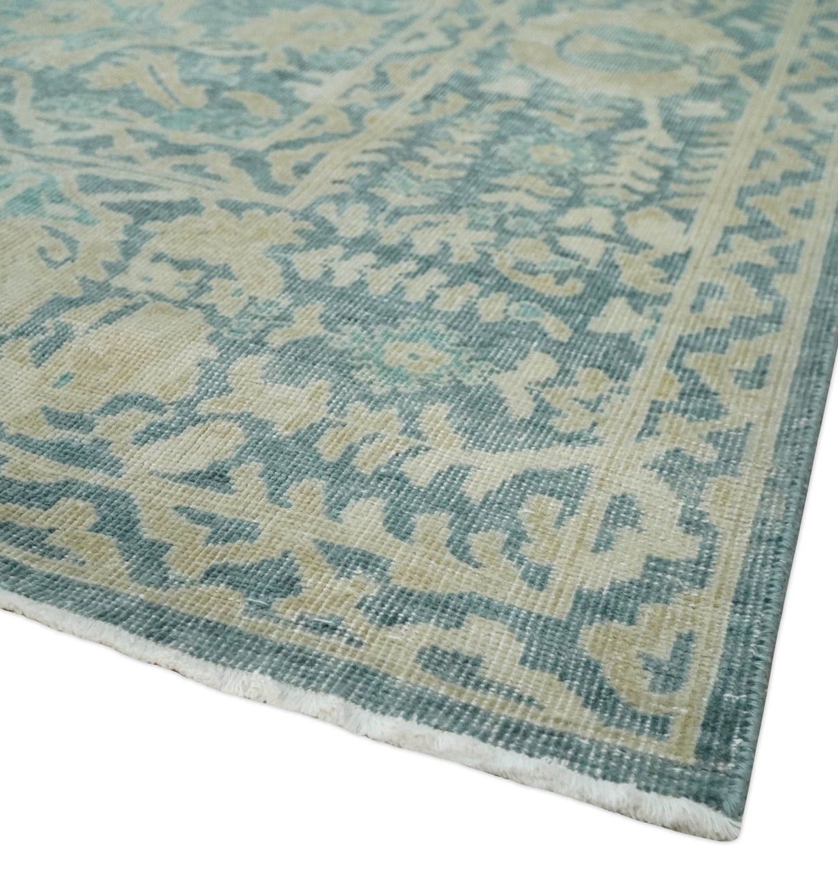 One of a Kind 8x10 Hand Knotted Blue and Beige Antique Traditional Low Pile wool Area Rug
