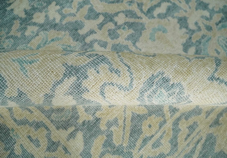 One of a Kind 8x10 Hand Knotted Blue and Beige Antique Traditional Low Pile wool Area Rug