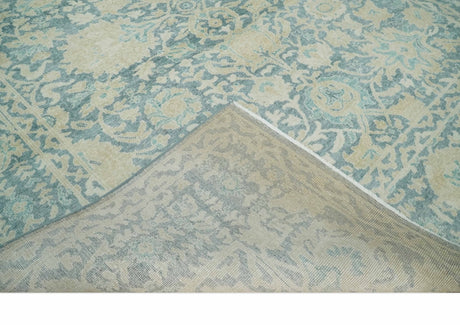 One of a Kind 8x10 Hand Knotted Blue and Beige Antique Traditional Low Pile wool Area Rug