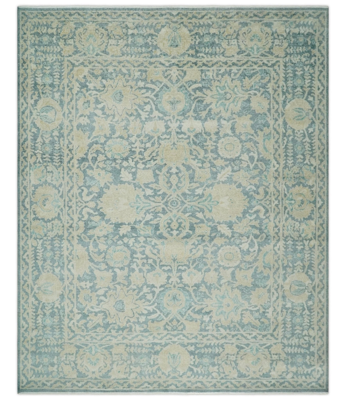 One of a Kind 8x10 Hand Knotted Blue and Beige Antique Traditional Low Pile wool Area Rug