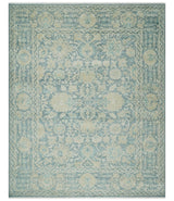 One of a Kind 8x10 Hand Knotted Blue and Beige Antique Traditional Low Pile wool Area Rug