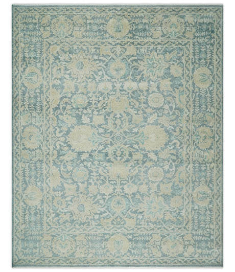 One of a Kind 8x10 Hand Knotted Blue and Beige Antique Traditional Low Pile wool Area Rug