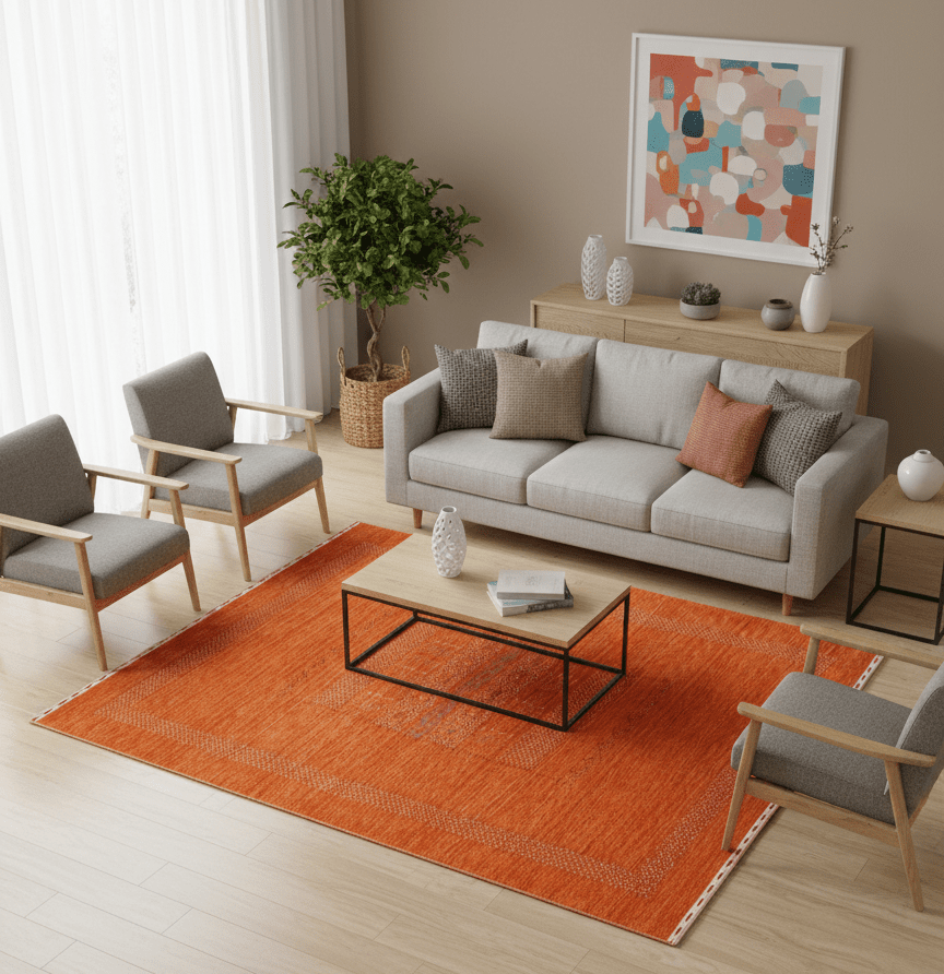 Orange And White Modern Design Hand Loomed Wool Area Rug