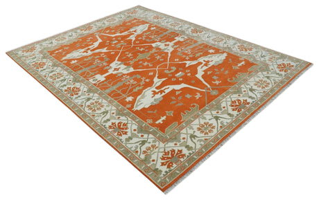 Orange, Ivory and Olive Hand knotted Oriental Oushak Multi Size wool Area Rug