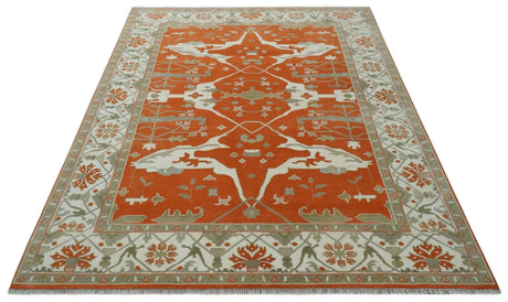 Orange, Ivory and Olive Hand knotted Oriental Oushak Multi Size wool Area Rug