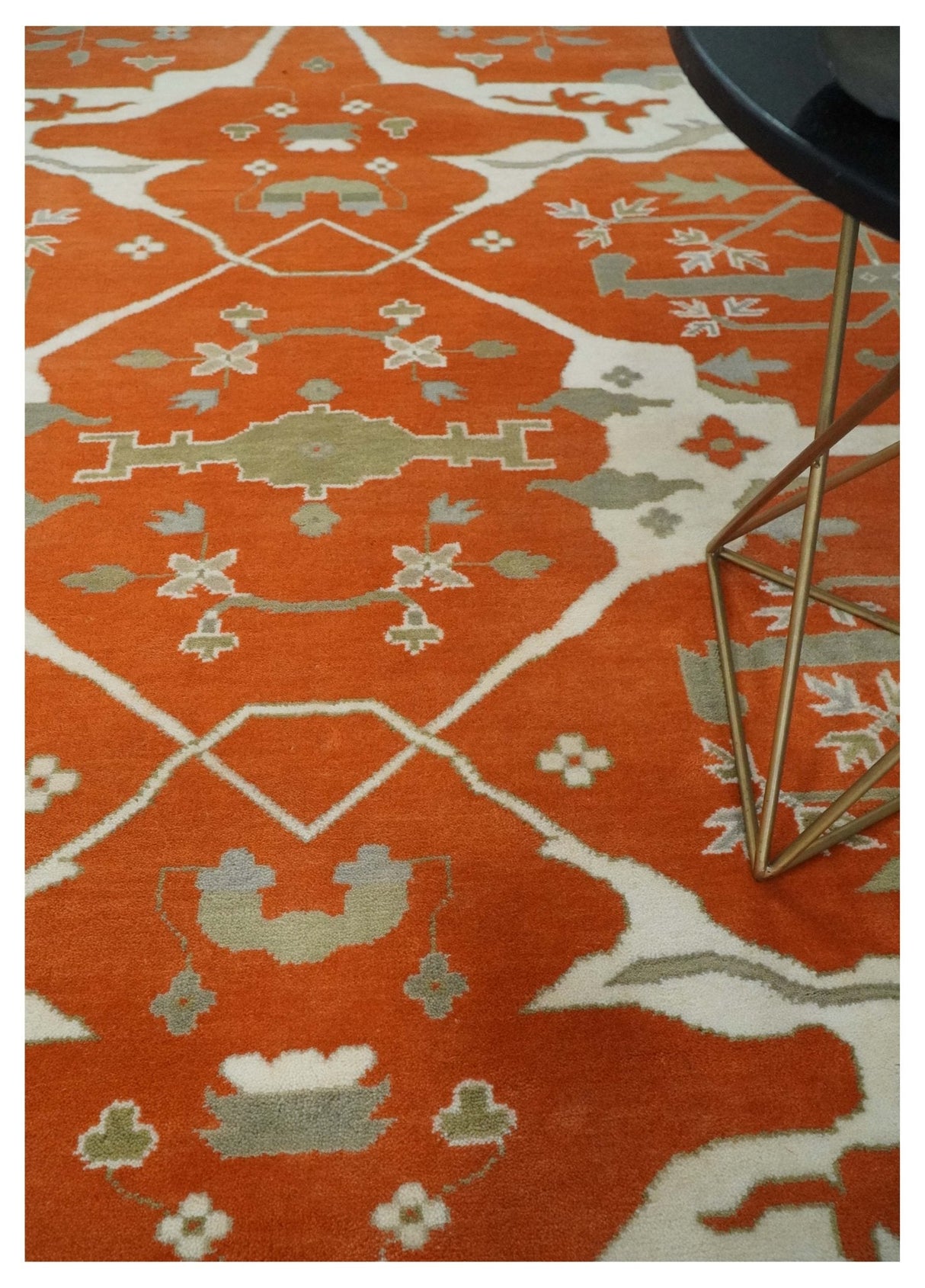 Orange, Ivory and Olive Hand knotted Oriental Oushak Multi Size wool Area Rug