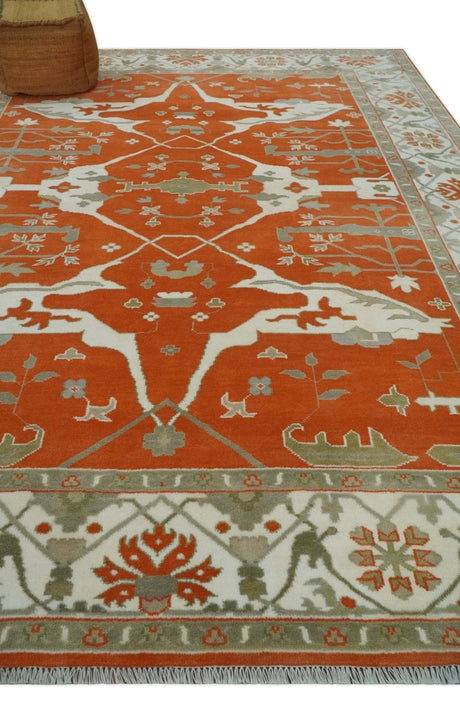 Orange, Ivory and Olive Hand knotted Oriental Oushak Multi Size wool Area Rug