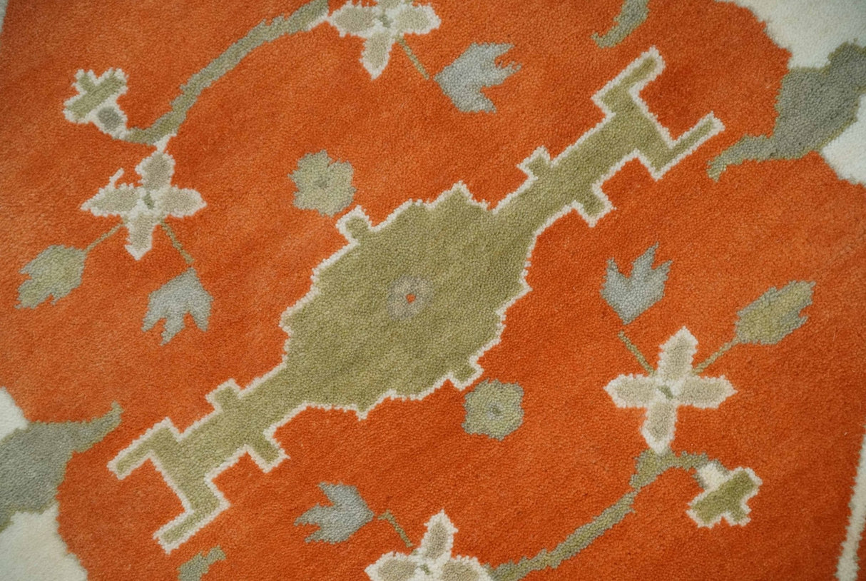 Orange, Ivory and Olive Hand knotted Oriental Oushak Multi Size wool Area Rug