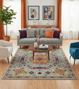 Orange, Silver and Mustard Traditional Mamluk Design Medallion Multi Size wool Area Rug