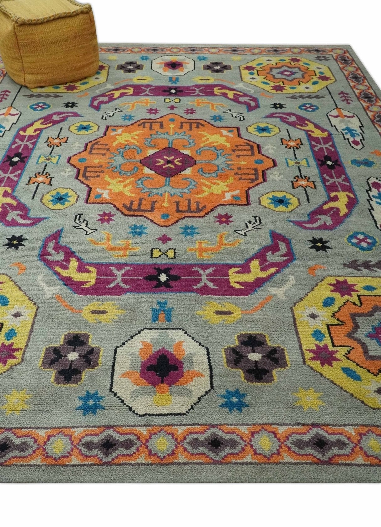 Orange, Silver and Mustard Traditional Mamluk Design Medallion Multi Size wool Area Rug