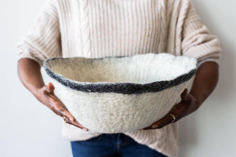 Orbit Hand-Felted Wool Natural White and Black Bowl-Baskets & Vessels-Parc Decor