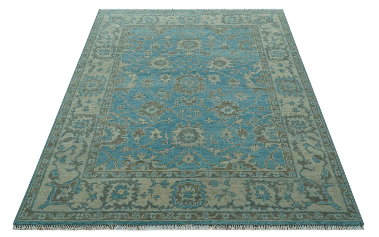 Origin Custom Made Blue and Beige Oushak Hand Knotted Wool Rug