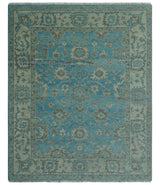 Origin Custom Made Blue and Beige Oushak Hand Knotted Wool Rug