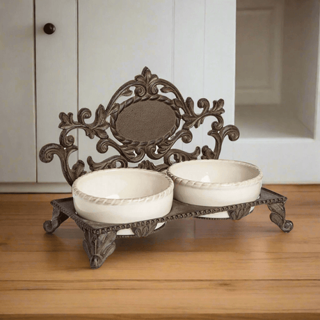 Ornate Elevated Pet Feeder – Vintage Cast Iron Double Bowl Stand-Pet Feeder-Parc Decor