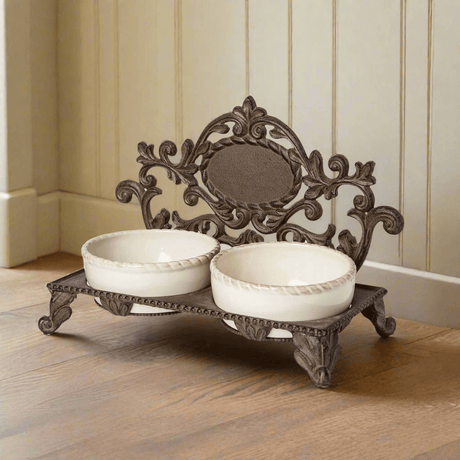 Ornate Elevated Pet Feeder – Vintage Cast Iron Double Bowl Stand-Pet Feeder-Parc Decor