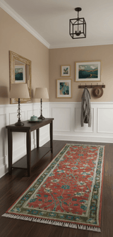 Oushak Design Red And Green 2.6x8 Hand knotted Wool Rug