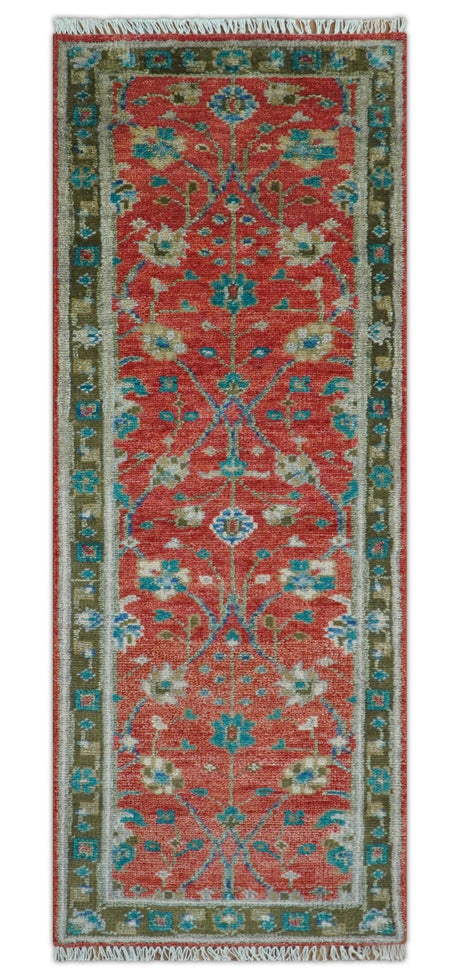 Oushak Design Red And Green 2.6x8 Hand knotted Wool Rug