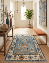 Oushak Hand Knotted Blue and Ivory Traditional Wool Multi Size wool Area Rug