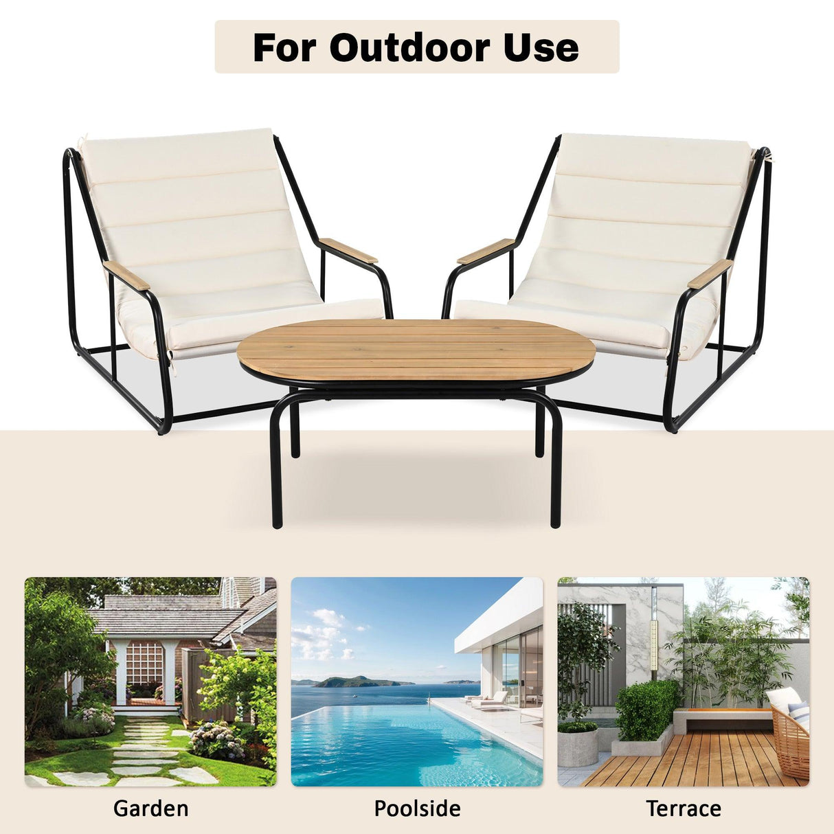 Outdoor Chaise Lounge Chairs Set of 3 with Acacia Side Table, Pool Lounge Chairs for Lawn, Deck, Beach-户外家居套装-Parc Decor