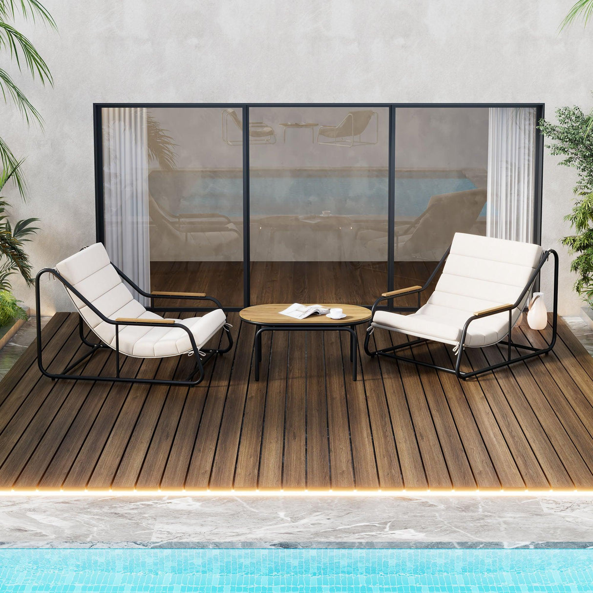 Outdoor Chaise Lounge Chairs Set of 3 with Acacia Side Table, Pool Lounge Chairs for Lawn, Deck, Beach-户外家居套装-Parc Decor