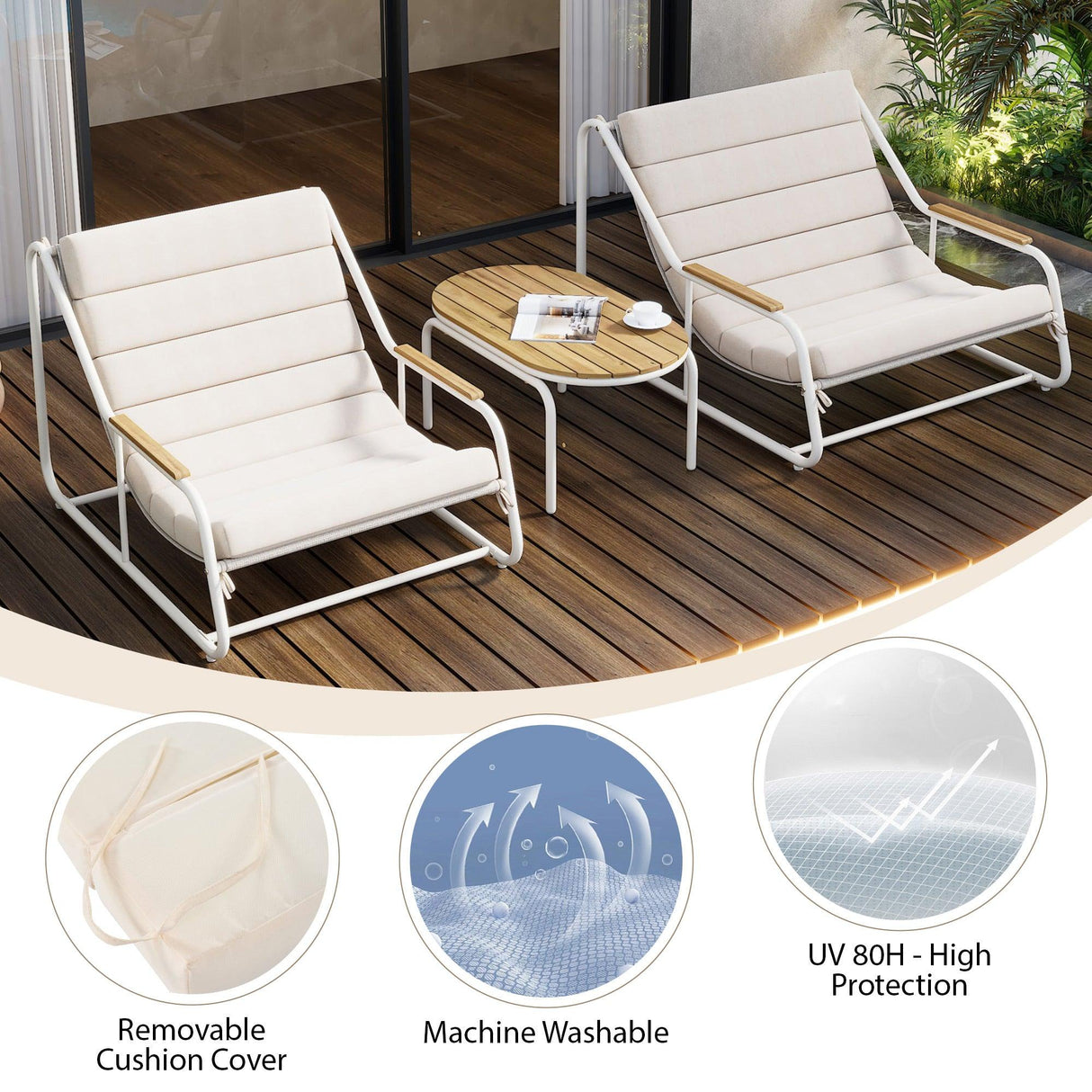 Outdoor Chaise Lounge Chairs Set of 3 with Acacia Side Table, Pool Lounge Chairs for Lawn, Deck, Beach-户外家居套装-Parc Decor