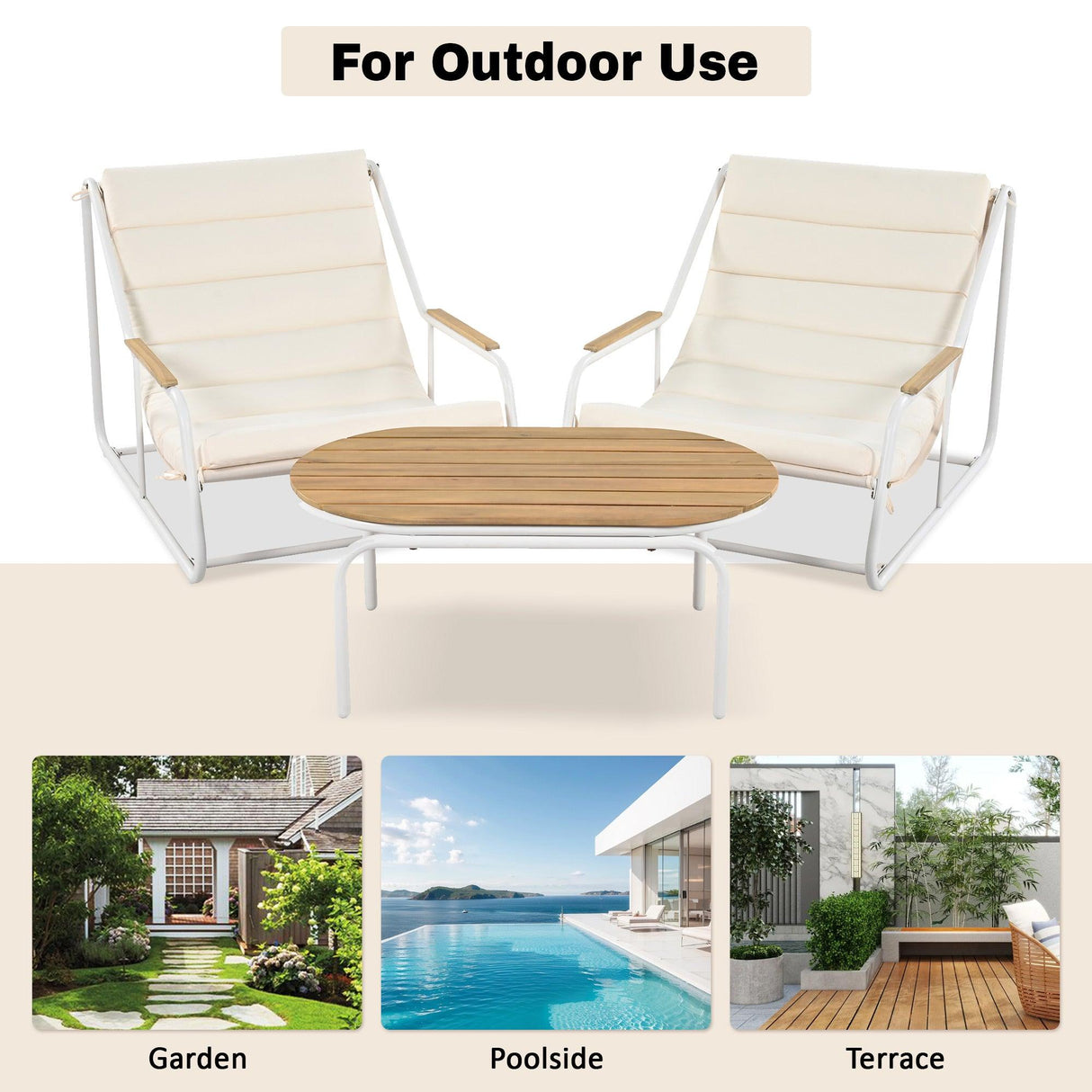 Outdoor Chaise Lounge Chairs Set of 3 with Acacia Side Table, Pool Lounge Chairs for Lawn, Deck, Beach-户外家居套装-Parc Decor