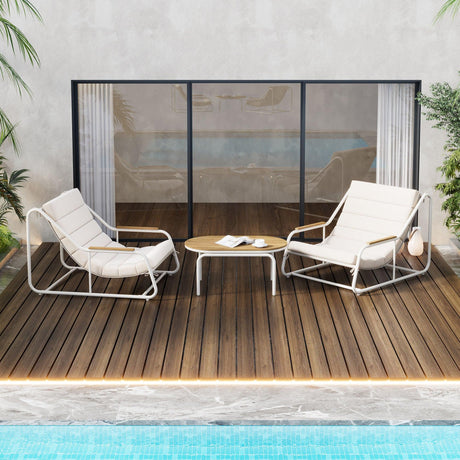 Outdoor Chaise Lounge Chairs Set of 3 with Acacia Side Table, Pool Lounge Chairs for Lawn, Deck, Beach-户外家居套装-Parc Decor