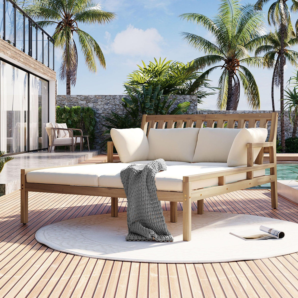 Outdoor Daybed, Patio Daybed with Four Pillows, Wooden Outdoor Bed with Curved Armrests for Poolside, Backyard, Garden-户外家居套装-Parc Decor