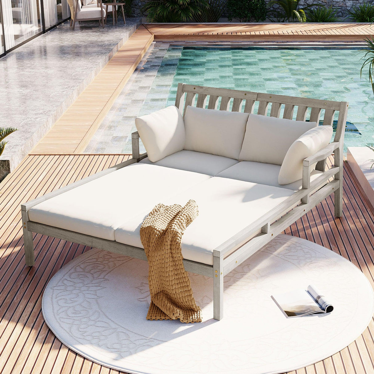 Outdoor Daybed, Patio Daybed with Four Pillows, Wooden Outdoor Bed with Curved Armrests for Poolside, Backyard, Garden-户外家居套装-Parc Decor
