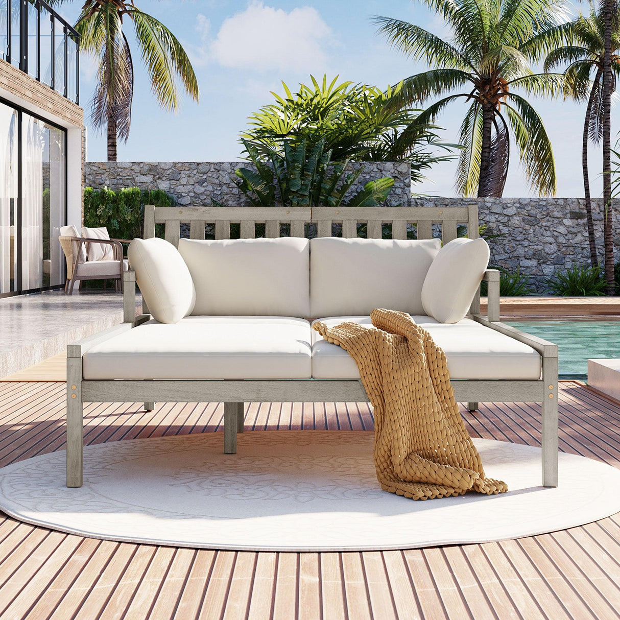 Outdoor Daybed, Patio Daybed with Four Pillows, Wooden Outdoor Bed with Curved Armrests for Poolside, Backyard, Garden-户外家居套装-Parc Decor