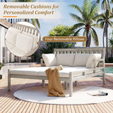 Outdoor Daybed, Patio Daybed with Four Pillows, Wooden Outdoor Bed with Curved Armrests for Poolside, Backyard, Garden-户外家居套装-Parc Decor