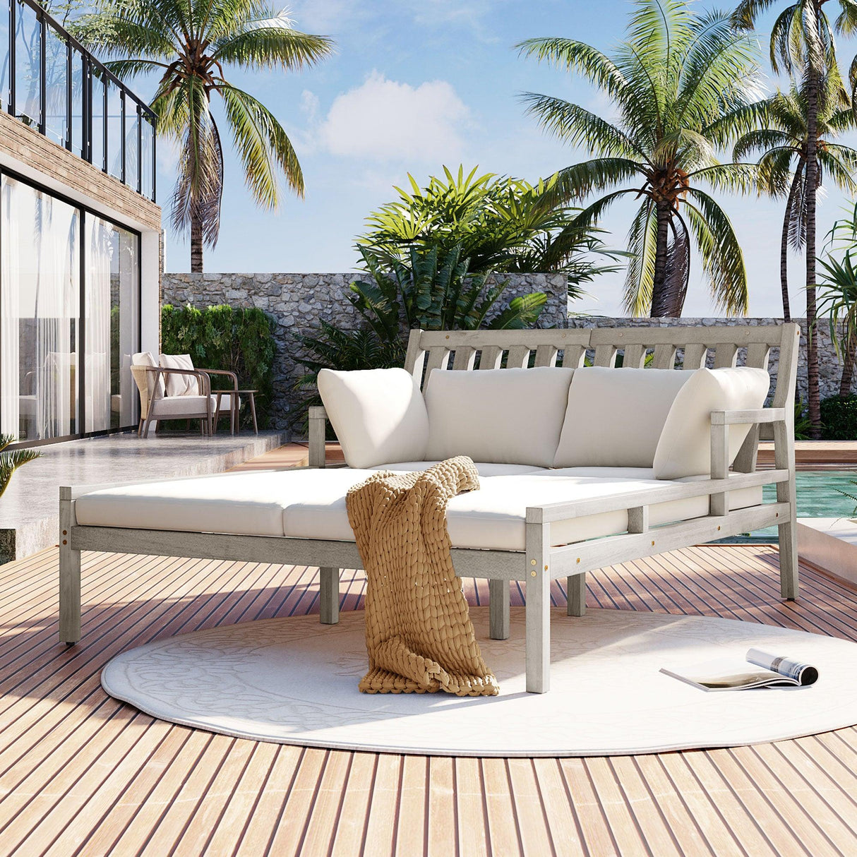 Outdoor Daybed, Patio Daybed with Four Pillows, Wooden Outdoor Bed with Curved Armrests for Poolside, Backyard, Garden-户外家居套装-Parc Decor