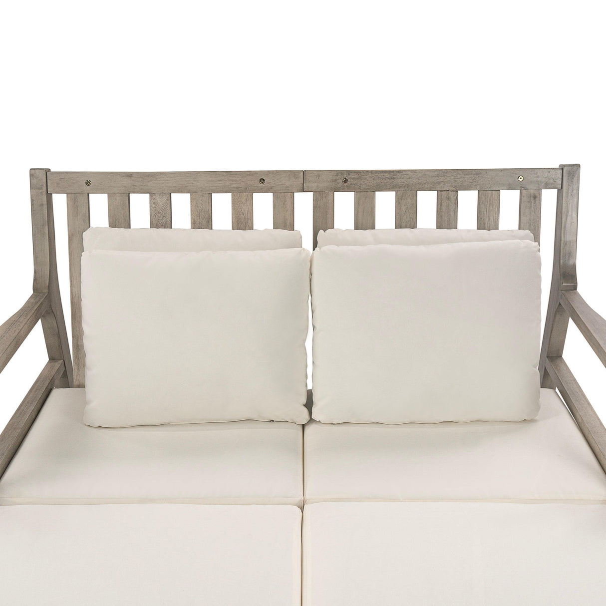 Outdoor Daybed, Patio Daybed with Four Pillows, Wooden Outdoor Bed with Curved Armrests for Poolside, Backyard, Garden-户外家居套装-Parc Decor