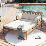 Outdoor Daybed, Patio Daybed with Four Pillows, Wooden Outdoor Bed with Curved Armrests for Poolside, Backyard, Garden-户外家居套装-Parc Decor