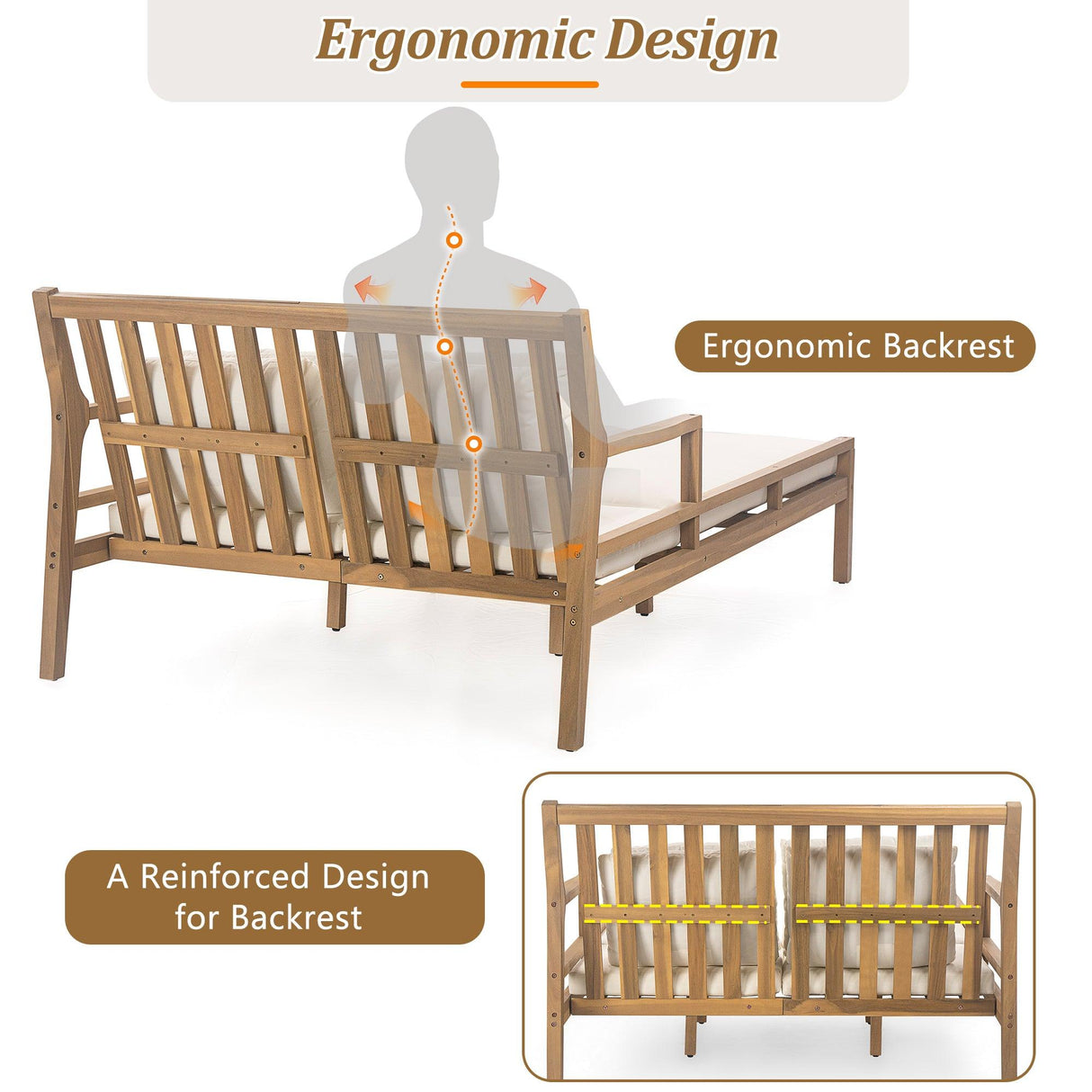 Outdoor Daybed, Patio Daybed with Four Pillows, Wooden Outdoor Bed with Curved Armrests for Poolside, Backyard, Garden-户外家居套装-Parc Decor