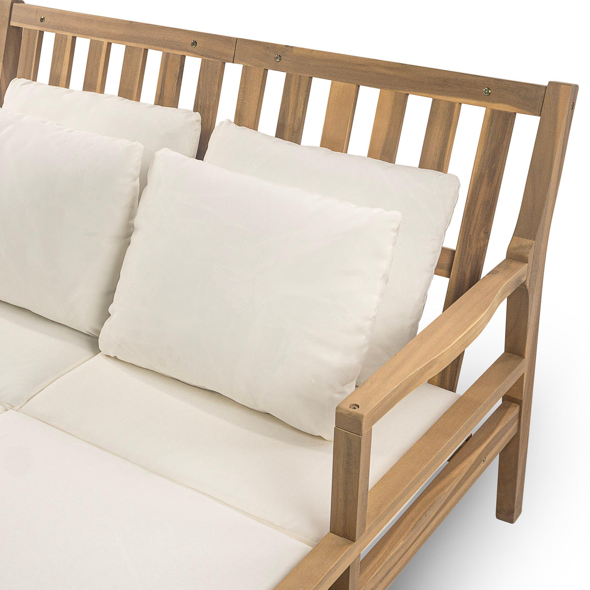 Outdoor Daybed, Patio Daybed with Four Pillows, Wooden Outdoor Bed with Curved Armrests for Poolside, Backyard, Garden-户外家居套装-Parc Decor