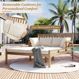 Outdoor Daybed, Patio Daybed with Four Pillows, Wooden Outdoor Bed with Curved Armrests for Poolside, Backyard, Garden-户外家居套装-Parc Decor