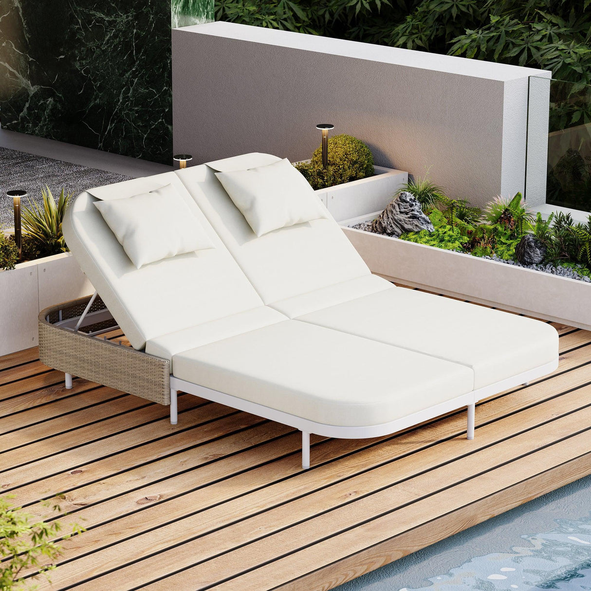 Outdoor Daybed, Patio Rattan Daybed with 5-Position Adjustable Backrest and Removable Cushions & Pillows for Garden, Backyard, Poolside-户外家居套装-Parc Decor