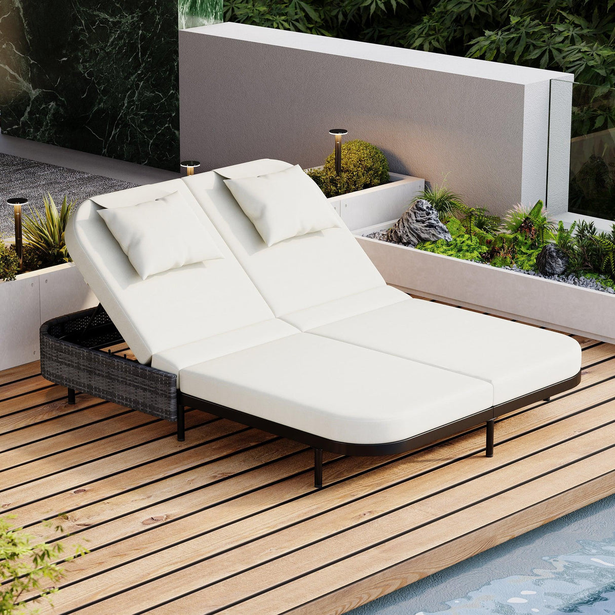 Outdoor Daybed, Patio Rattan Daybed with 5-Position Adjustable Backrest and Removable Cushions & Pillows for Garden, Backyard, Poolside-户外家居套装-Parc Decor
