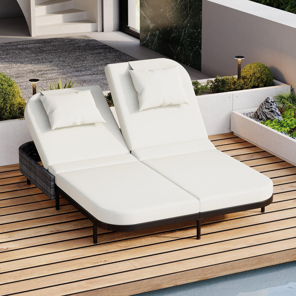 Outdoor Daybed, Patio Rattan Daybed with 5-Position Adjustable Backrest and Removable Cushions & Pillows for Garden, Backyard, Poolside-户外家居套装-Parc Decor