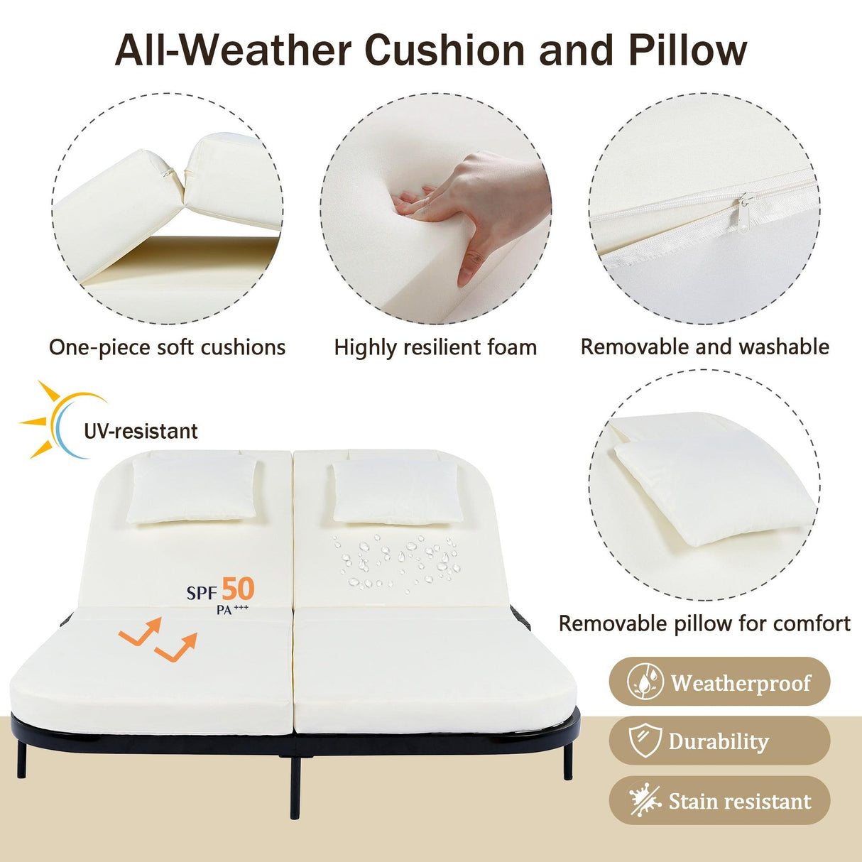 Outdoor Daybed, Patio Rattan Daybed with 5-Position Adjustable Backrest and Removable Cushions & Pillows for Garden, Backyard, Poolside-户外家居套装-Parc Decor